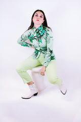 long sleeve button up shirt blouse in green floral pattern vintage 1970's