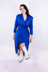 long sleeve midi dress with v neck and matching belt vintage 1980's in cobalt blue