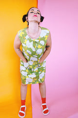 sleeveless knee length shift dress green with white floral print vintage 1970's