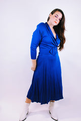 long sleeve midi dress with v neck and matching belt vintage 1980's in cobalt blue