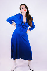 long sleeve midi dress with v neck and matching belt vintage 1980's in cobalt blue