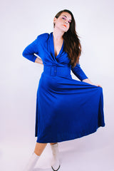 long sleeve midi dress with v neck and matching belt vintage 1980's in cobalt blue