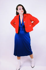 long sleeve bright red cropped jacket with big silver buttons vintage 1980's