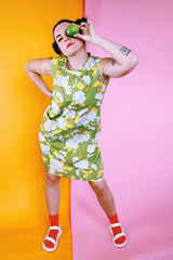 sleeveless knee length shift dress green with white floral print vintage 1970's