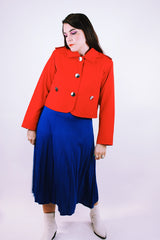 long sleeve bright red cropped jacket with big silver buttons vintage 1980's