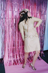 long sleeve knee length gold metallic shift dress vintage 1970's