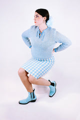 long sleeve baby blue and white crochet sweater with a tie front vintage 1970's