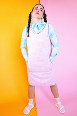 long sleeve blue abstract print button up collared blouse vintage women's 1970's