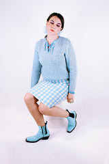 long sleeve baby blue and white crochet sweater with a tie front vintage 1970's