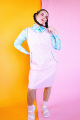 long sleeve blue abstract print button up collared blouse vintage women's 1970's