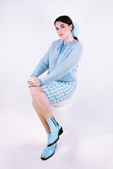 long sleeve baby blue and white crochet sweater with a tie front vintage 1970's