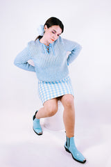 long sleeve baby blue and white crochet sweater with a tie front vintage 1970's