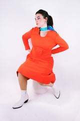 long sleeve mid length orange dress vintage 1970's keyhole neckline pure wool