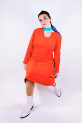 long sleeve mid length orange dress vintage 1970's keyhole neckline pure wool