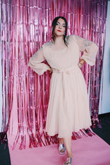 long sleeve midi length tan colored party dress with sheer arms and beads on shoulders vintage 1980's