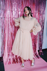 long sleeve midi length tan colored party dress with sheer arms and beads on shoulders vintage 1980's