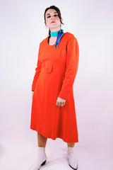 long sleeve mid length orange dress vintage 1970's keyhole neckline pure wool