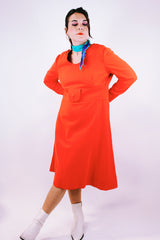 long sleeve mid length orange dress vintage 1970's keyhole neckline pure wool
