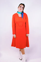 long sleeve mid length orange dress vintage 1970's keyhole neckline pure wool