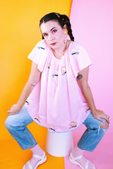 pink capped sleeve cotton blouse with embroidered butterflies throughout vintage 1960's