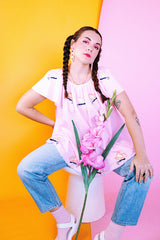 pink capped sleeve cotton blouse with embroidered butterflies throughout vintage 1960's