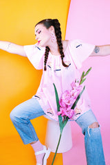 pink capped sleeve cotton blouse with embroidered butterflies throughout vintage 1960's