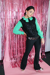 sleeveless black sequined top that buttons on the back cropped fit vintage women's 1960's