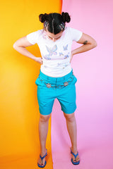 short sleeve white polyester tee top with butterfly and clouds graphic vintage women's 1970's