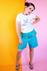 short sleeve white polyester tee top with butterfly and clouds graphic vintage women's 1970's