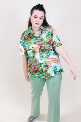 Women's or men's vintage 1970's Towncraft by JCPenney button up cotton shirt with pointy collar and all over green Hawaiian print.