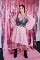 long pleated sheer sleeved knee length lace body dress with collar and bow vintage 1960's