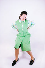 long sleeve green printed button up blouse vintage 1970's with collar and western print with horses