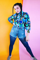 long sleeve blue and purple psychedelic print 1970's vintage women's half button blouse with collar