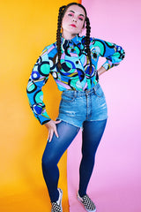 long sleeve blue and purple psychedelic print 1970's vintage women's half button blouse with collar