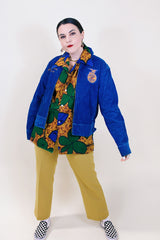 Women's or men's vintage 1960's (67'-68') Fab-Knit Quality Supreme label long sleeve navy blue corduroy zip up FFA jacket with patches and text embroidery throughout.