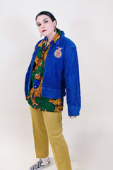 Women's or men's vintage 1960's (67'-68') Fab-Knit Quality Supreme label long sleeve navy blue corduroy zip up FFA jacket with patches and text embroidery throughout.
