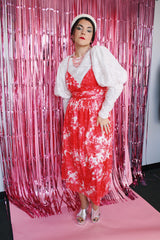 sleeveless spaghetti strap midi length dress with sweetheart bust in pink and white tie dye effect print vintage 1980's