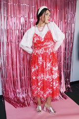 sleeveless spaghetti strap midi length dress with sweetheart bust in pink and white tie dye effect print vintage 1980's