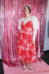 sleeveless spaghetti strap midi length dress with sweetheart bust in pink and white tie dye effect print vintage 1980's