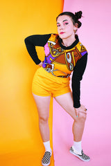 long sleeve printed polyester blouse vintage women's 1960's brown orange black abstract print