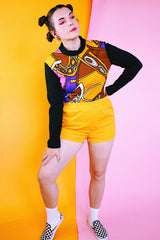 long sleeve printed polyester blouse vintage women's 1960's brown orange black abstract print