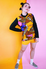 long sleeve printed polyester blouse vintage women's 1960's brown orange black abstract print