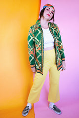 long sleeve cotton zip up blouse in green with yellow and orange print vintage women's 1960's