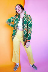 long sleeve cotton zip up blouse in green with yellow and orange print vintage women's 1960's