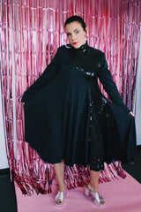 long sleeve cotton mock neck dress knee length with sequins vintage 1980's