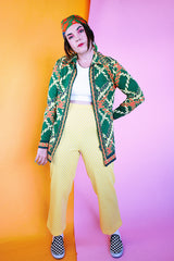 stretchy polyester yellow flare pants with white polka dots vintage women's 1970's