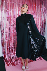 long sleeve cotton mock neck dress knee length with sequins vintage 1980's