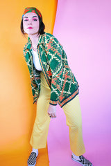 long sleeve cotton zip up blouse in green with yellow and orange print vintage women's 1960's