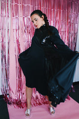 long sleeve cotton mock neck dress knee length with sequins vintage 1980's