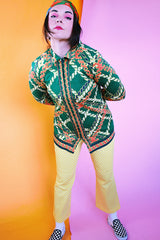 long sleeve cotton zip up blouse in green with yellow and orange print vintage women's 1960's